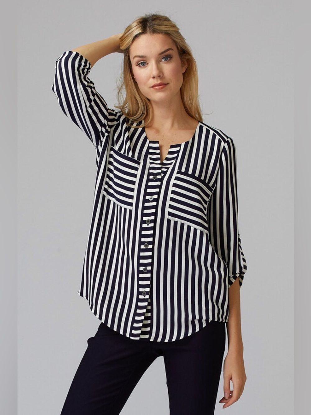 Joseph Ribkoff Shirt Style 201283 Striped 3/4 Gathered Sleeve Blouse